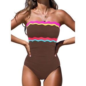 NWT Popvil Strapless Tummy Control One Piece Swimsuit Brown Neon Scallop Large